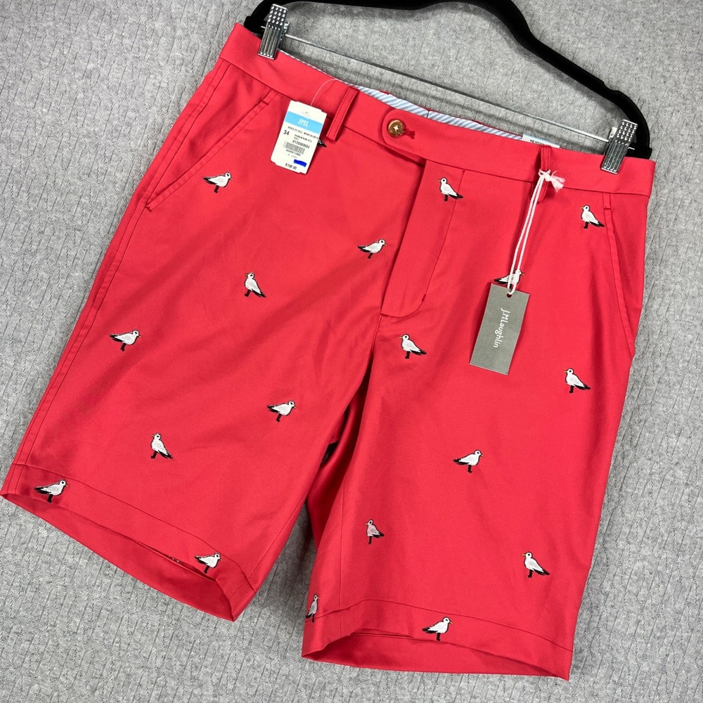 New J.McLaughlin Bradley Gull Men Shorts 34 Persimmon Red Embroidered Golf